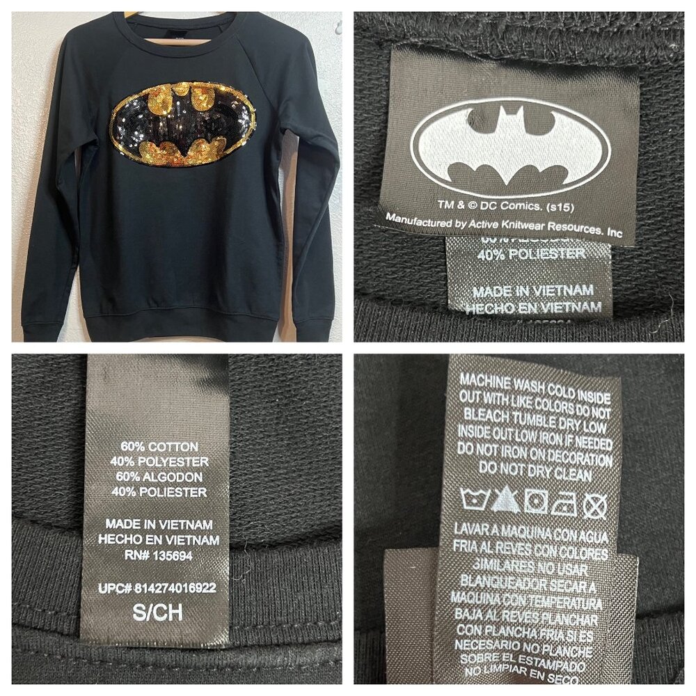 Batman Sequin Logo Sweatshirt Black Small Crew Neck Long Sleeve - Picture 8 of 15